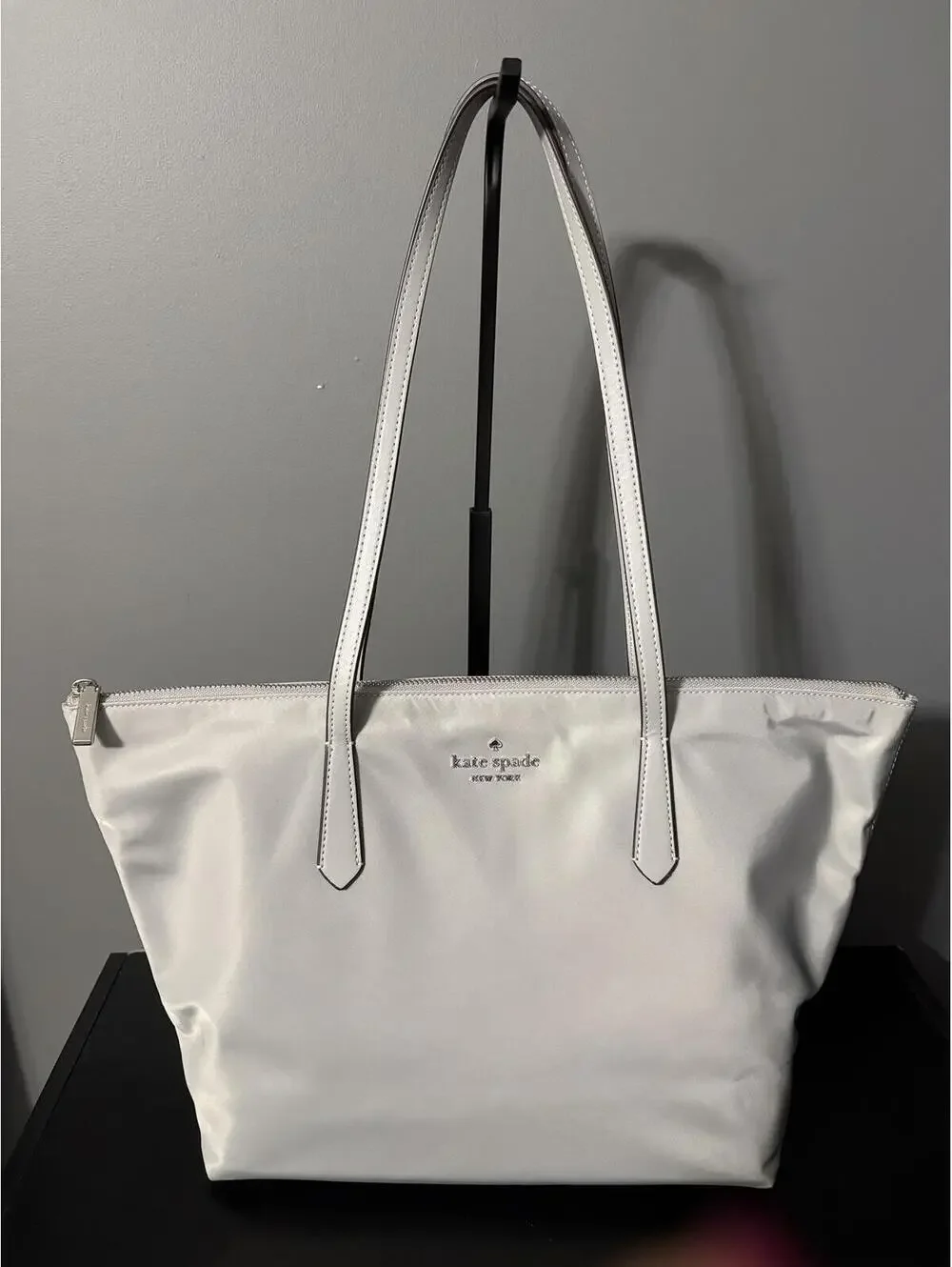 Kate Spade New York Chelsea Large Nylon Zip Top Tote Bag – Light Silver/Grey